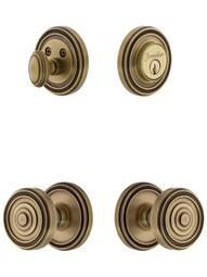 Grandeur Soleil Entry Door Set, Keyed Alike with Soleil Knobs in Antique Brass.